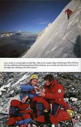 
Top: Andy Fanshawe on the summit ridge on First Ascent of Menlungtse West on May 23, 1988. Bottom: Alan Hinkes and Andy Fanshawe after their First Ascent of Menlungtse West - Coming Through Expeditions To Chogolisa And Menlungtse book
